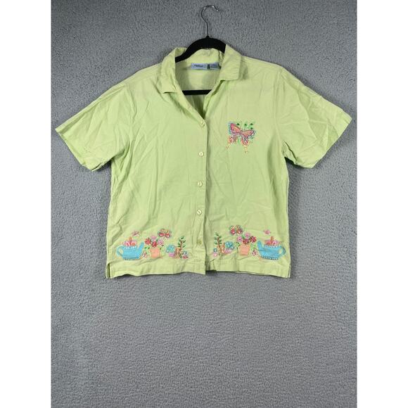 Jane Ashley Green Butterfly Short Sleeve Button Up Shirt Size M - Picture 1 of 10